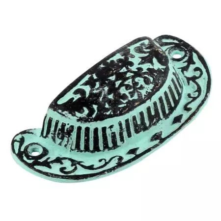 Aqua Green Distressed Floral D Pull Iron Handle